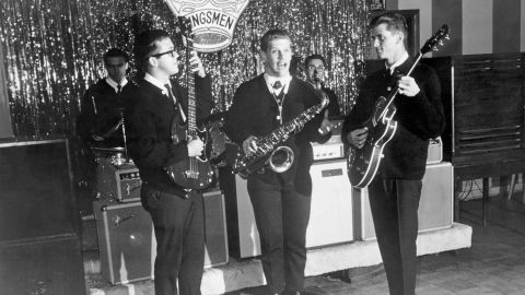 Members of the Kingsmen pose for a portrait circa 1965. Mike Mitchell is on the right