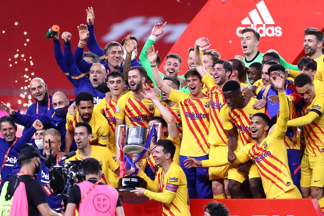 Barcelona players celebrate winning the Copa del Rey.