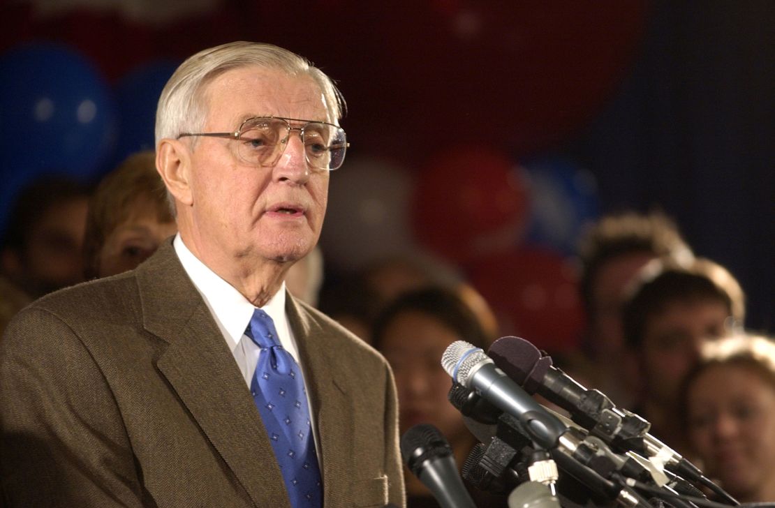 Former U.S. Vice President Walter Mondale concedes the election to his Republican opponent Norm Coleman November 6, 2002, in St. Paul, Minnesota. 