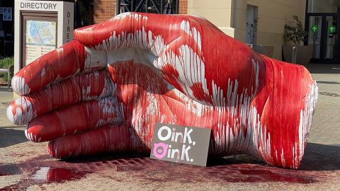 Pig's blood covers a statue at Santa Rosa Plaza Mall on Saturday, April 17, 2021.