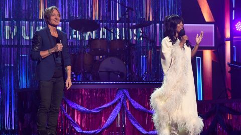 Keith Urban and Mickey Guyton speak onstage at the 56th Academy of Country Music Awards at the Grand Ole Opry on April 18, 2021 in Nashville, Tennessee. (Photo by Kevin Mazur/Getty Images for ACM)