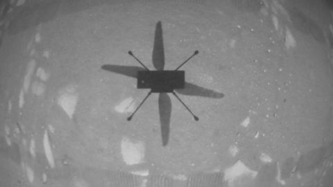 The helicopter's navigation camera captured a view of the Ingenuity's shadow on the Martian surface during its first flight.