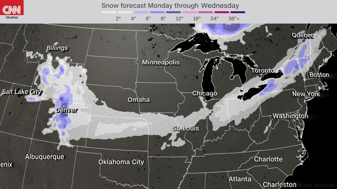 Snowfall forecast through Wednesday, showing a general swath of less than 4 inches of snow from the Rocky Mountains through the interior Northeast.