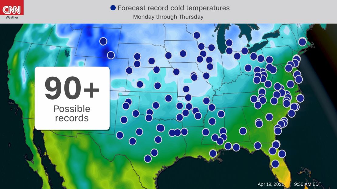 City locations where daily record cold temperatures could be broken this week.