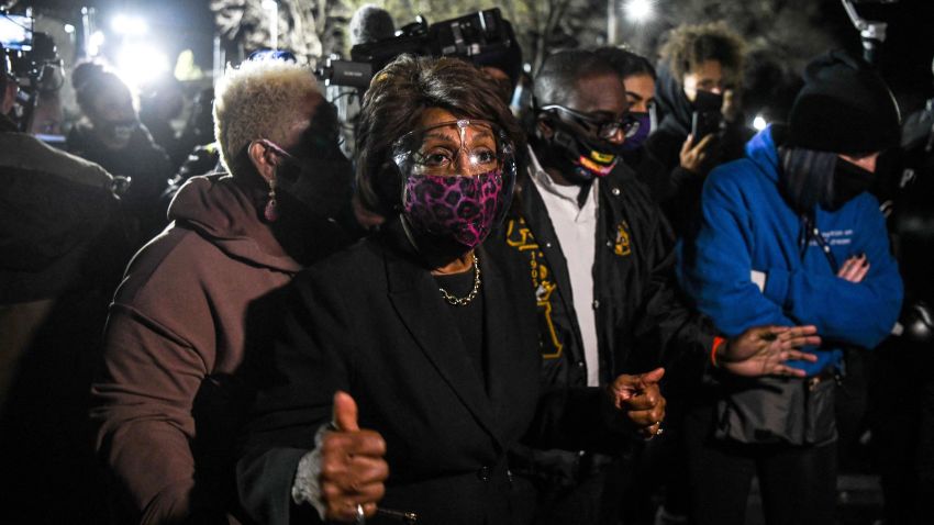 Representative Maxine Waters(C) (D-CA) speaks to the media during an ongoing protest at the Brooklyn Center Police Department in Brooklyn Centre, Minnesota on April 17, 2021.