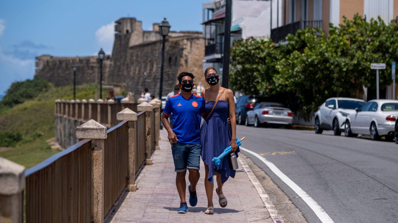Tourists wearing masks in Old San Juan, Puerto Rico.