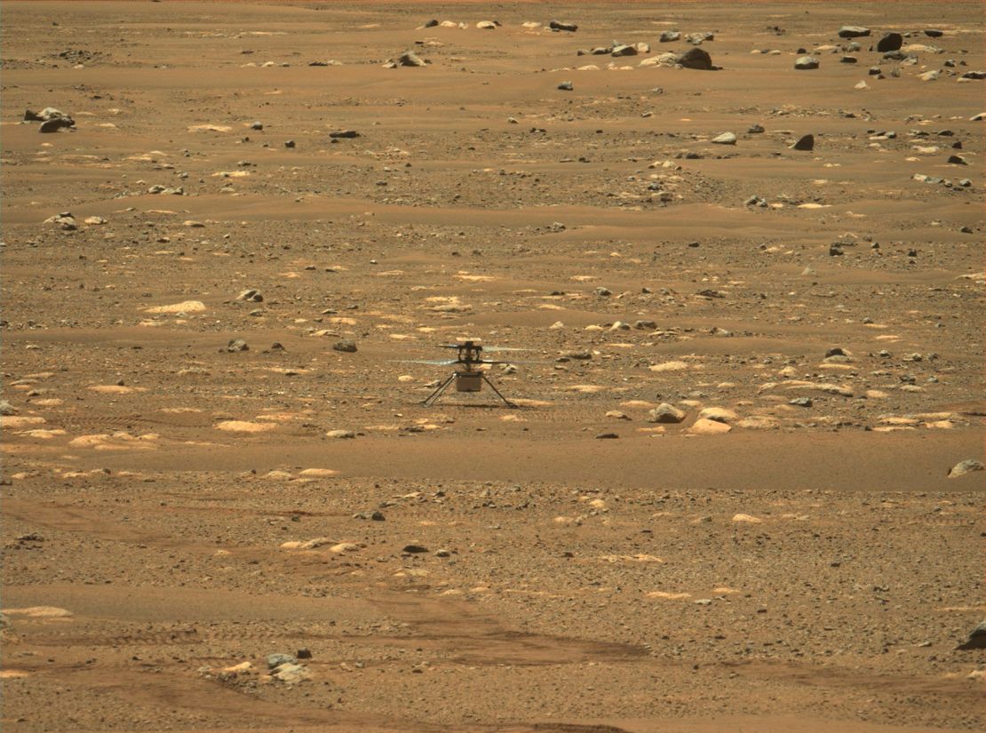 The rover captured this view of the helicopter from Mastcam-Z, a pair of zoomable cameras, afer it safely touched back down on the Martian surface postflight.