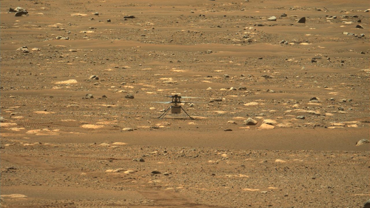 The rover captured this view of the helicopter from Mastcam-Z, a pair of zoomable cameras, afer it safely touched back down on the Martian surface postflight.