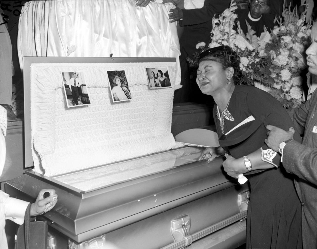Mamie Till-Mobley weeps at her son's funeral on September. 6, 1955, in Chicago.