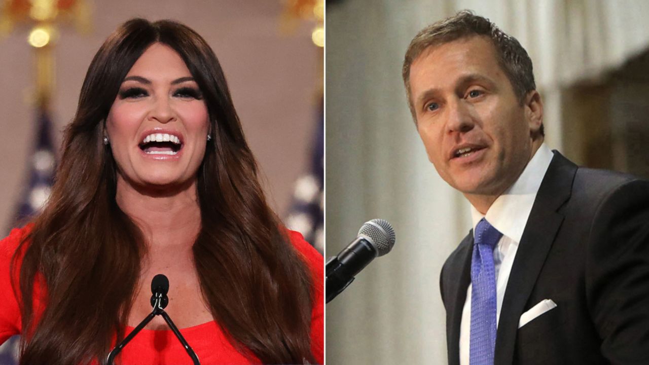 Former Missouri Gov. Eric Greitens, at right, announced Monday that Kimberly Guilfoyle, at left, will serve as the national chair of his US Senate bid.