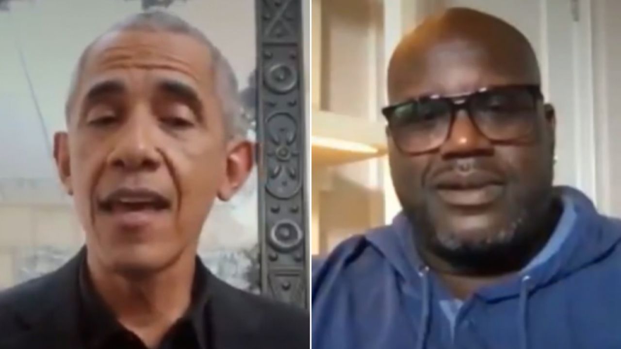 Obama and Shaquille O'Neal pictured during an NBC special urging Americans to get vaccinated