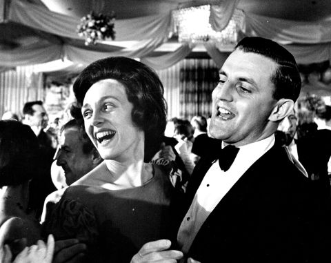 Mondale and his wife attend the inaugural ball for newly sworn-in President Lyndon B. Johnson in Washington, DC, on January 20, 1965.