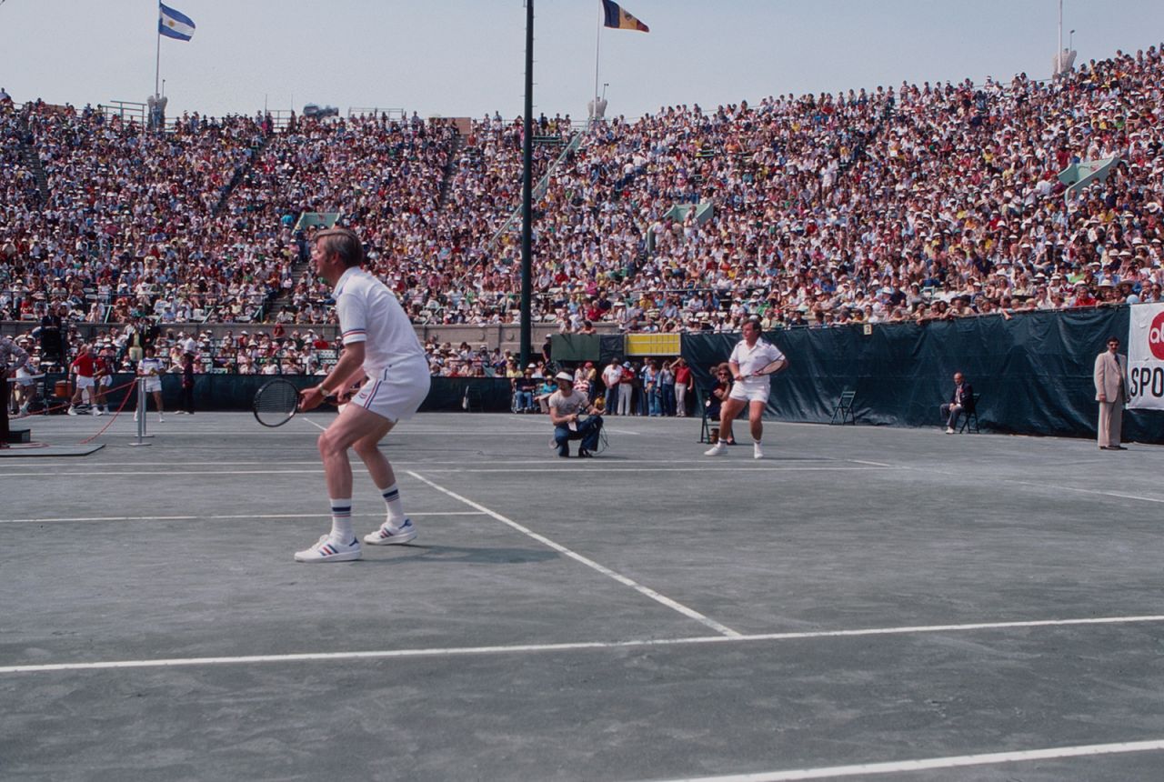 Vice President Mondale and Sen. Ted Kennedy play doubles in the RFK Tennis Tournament on August 26, 1977, in the Queens borough of New York.