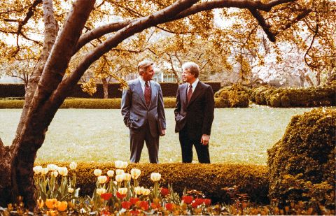Mondale and President Carter talk together in the Rose Garden of the White House on April 13, 1978, in Washington, DC.