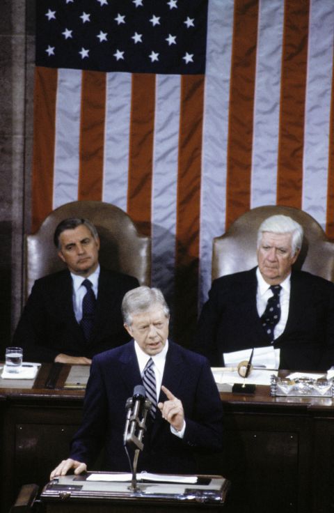Mondale listens with Speaker of the House Thomas O'Neill as President Carter delivers his speech on the Salt II Treaty to a Joint Session of Congress on June 18, 1979.