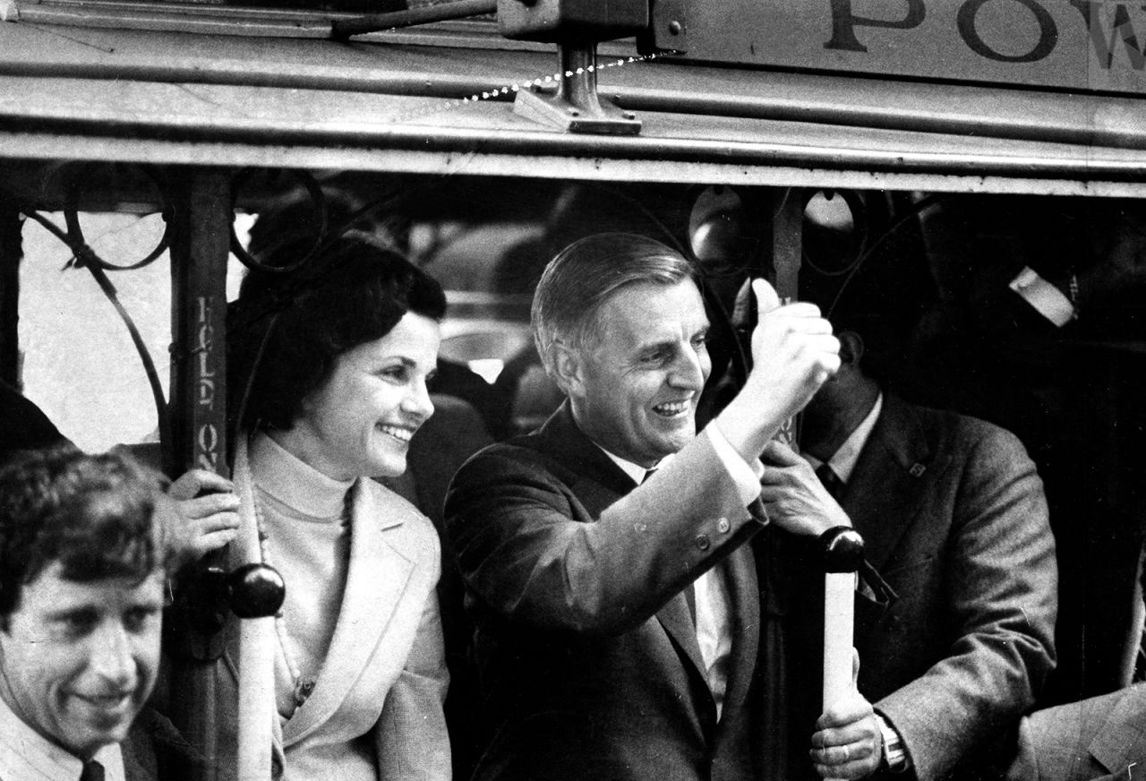 Mondale and Dianne Feinstein campaign in San Francisco for President Carter's reelection on September 5, 1980.
