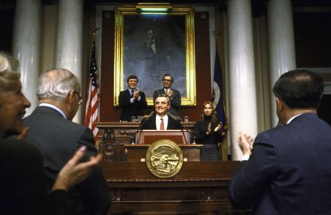 Mondale gives a speech at the Minnesota House Chamber after announcing his candidacy for president in St. Paul on February 1, 1983.