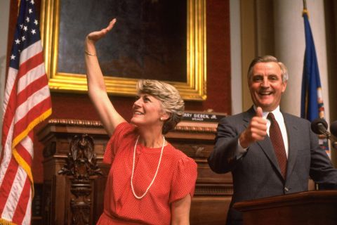 Mondale gives a thumbs up to the camera as Rep. Geraldine Ferraro waves in July 1984. Mondale chose Ferraro as his running mate, making her the first woman vice presidential candidate for a major party.
