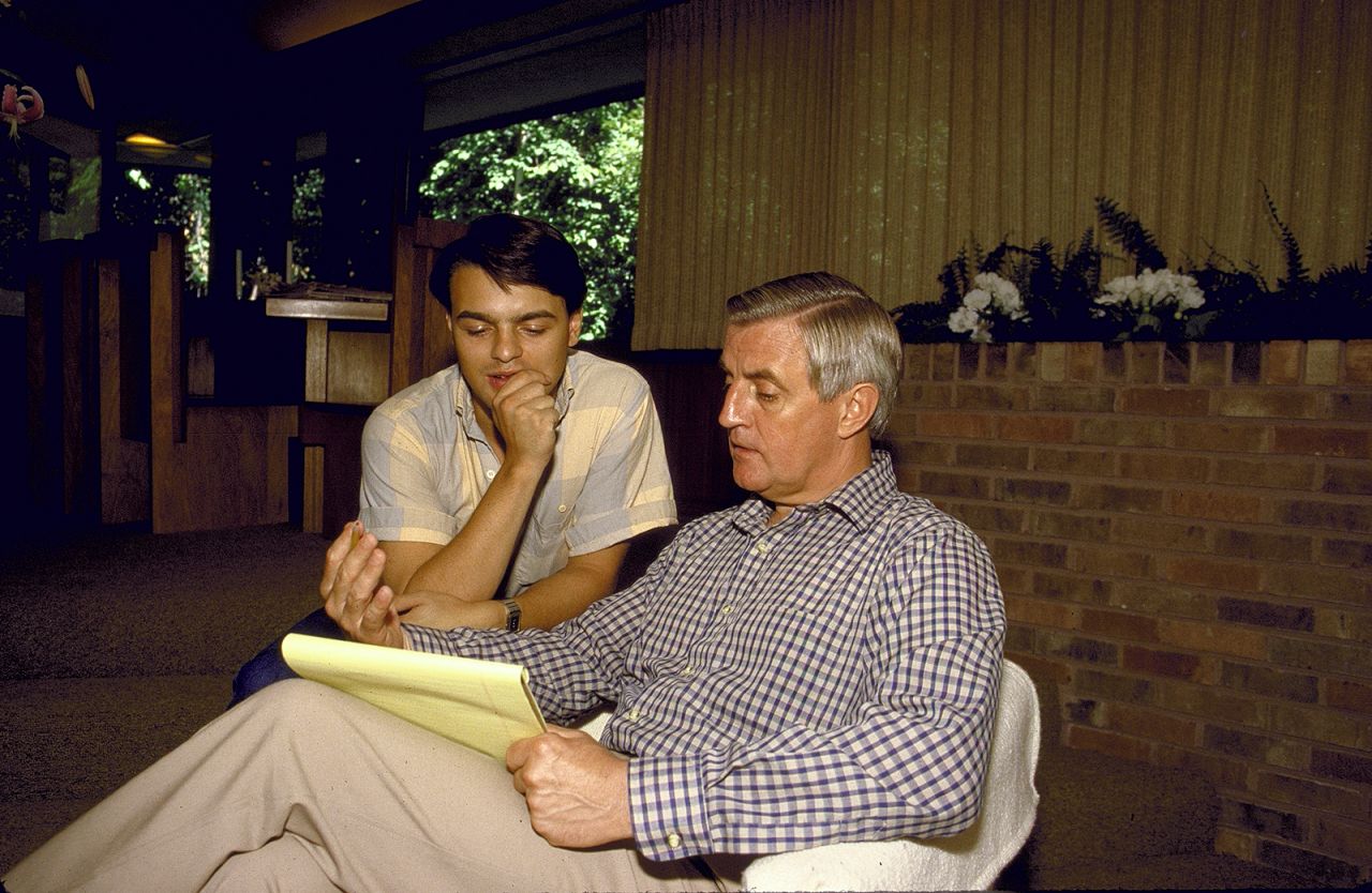 Mondale and his son William work on his acceptance speech ahead of the Democratic National Convention in July 1984.