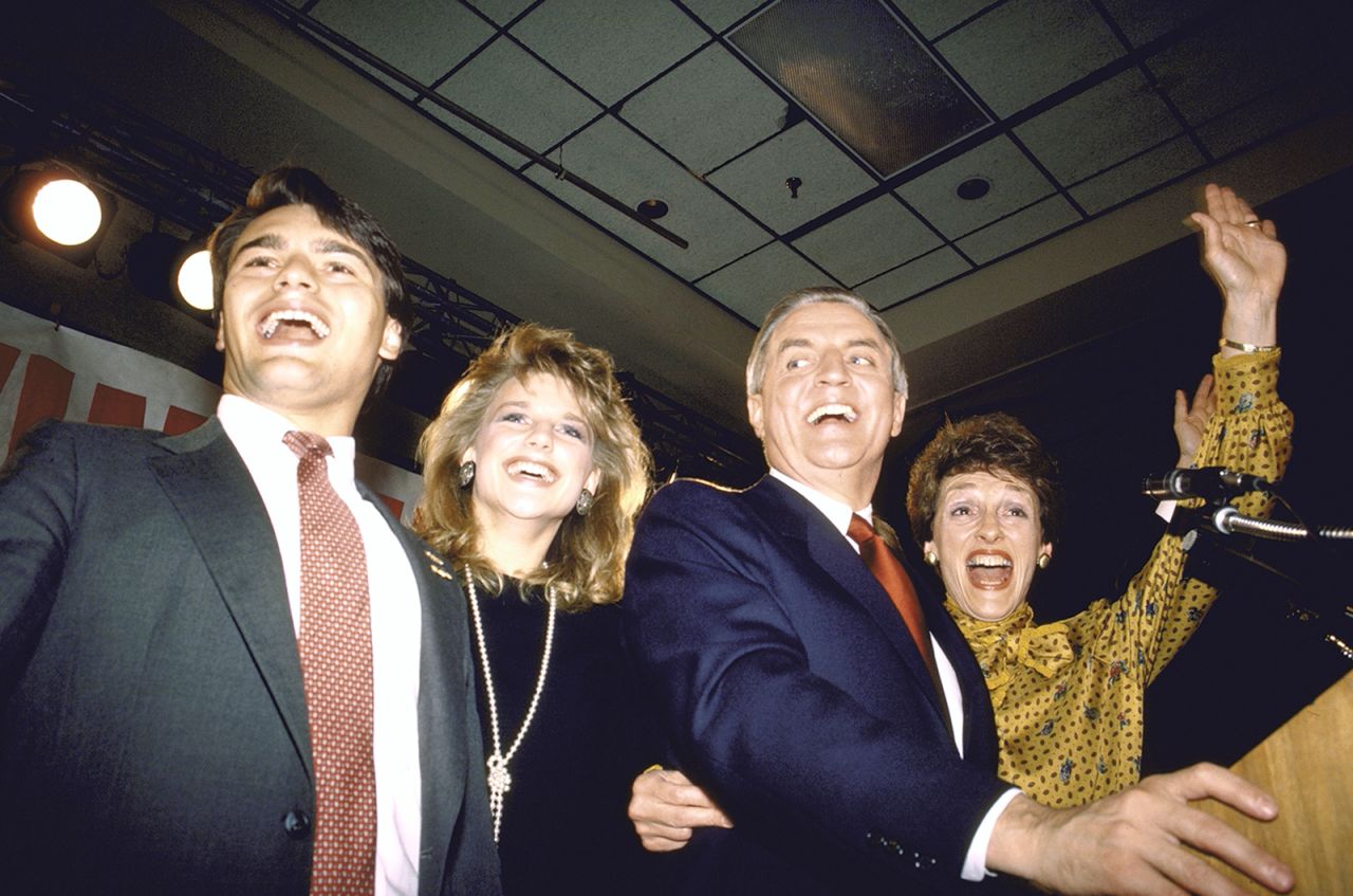 Mondale and family William, Eleanor, and wife Joan celebrate at a party following the debate.