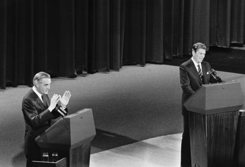 Mondale speaks during a presidential debate with Republican opponent Ronald Reagan in Louisville, Kentucky, on October 7, 1984.
