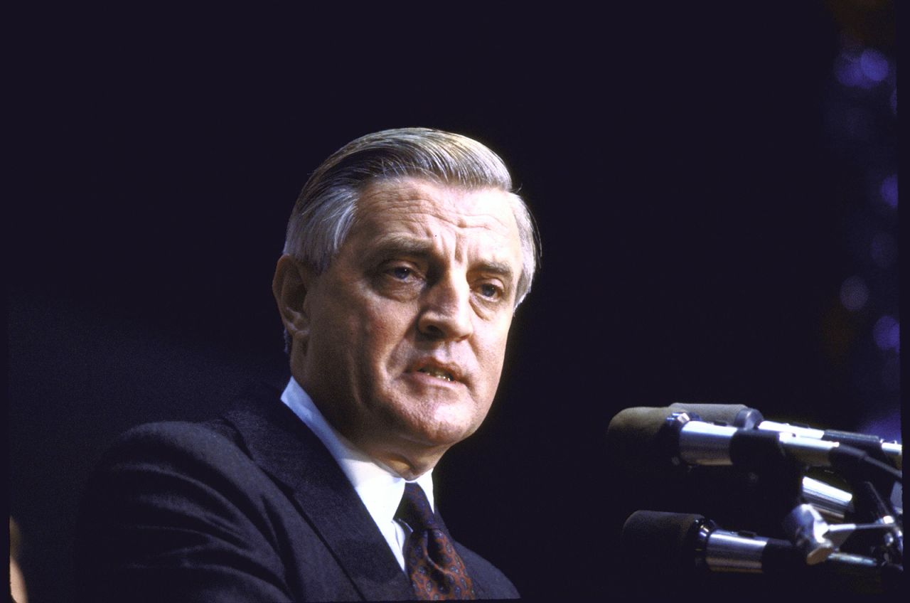 Mondale gives his presidential concession speech on November 6, 1984. He and Ferraro lost to President Ronald Reagan and then-Vice President George H. W. Bush.