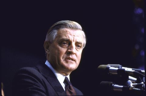 Mondale gives his presidential concession speech on November 6, 1984. He and Ferraro lost to President Ronald Reagan and then-Vice President George H. W. Bush. 