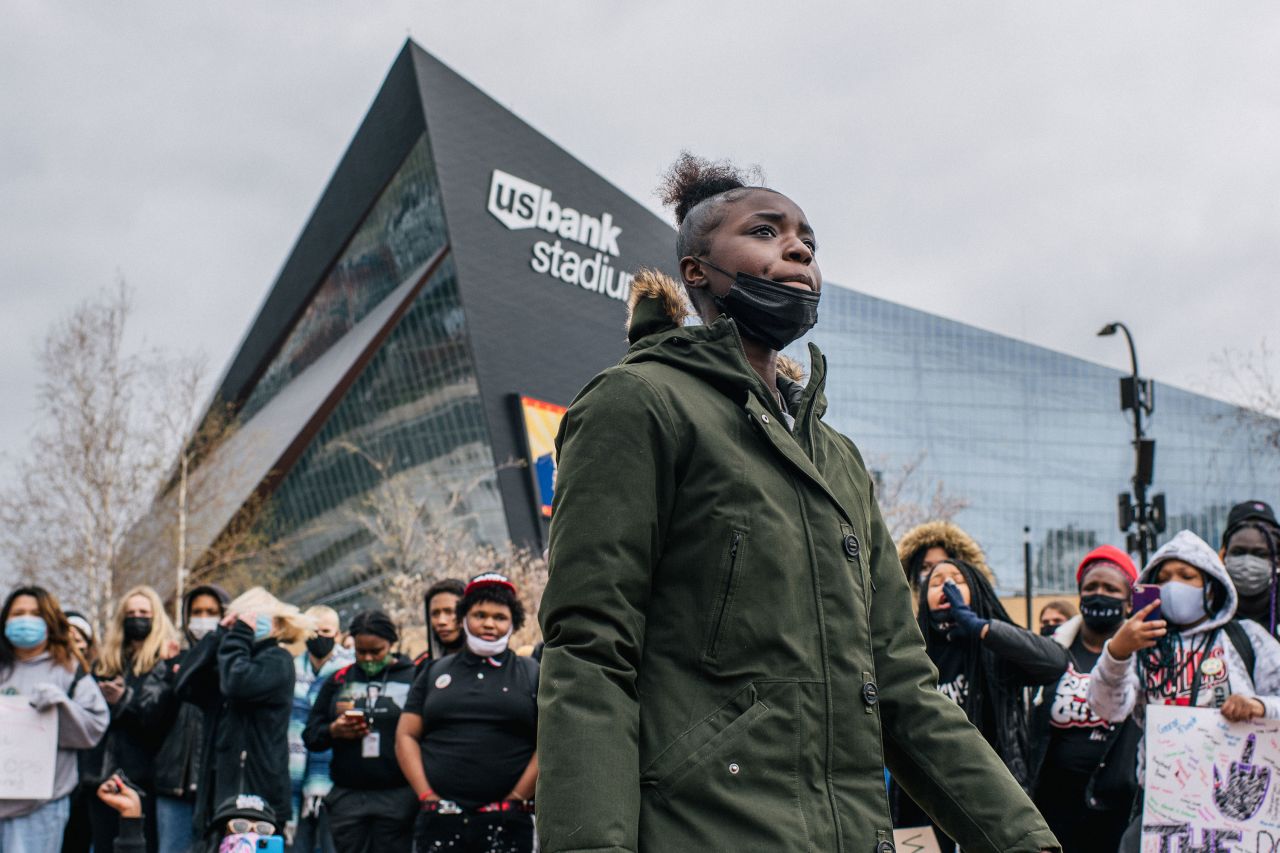 High school students from across Minneapolis participate in a statewide walkout on April 19. They gathered at U.S. Bank Stadium to stand in solidarity against racial injustice and honor the lives of George Floyd and Daunte Wright.