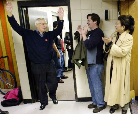 Mondale is cheered on by supporters in downtown Minneapolis on November 5, 2002. Mondale became Minnesota's Democratic-Farmer-Labor Party candidate for US Senate following the death of Sen. Paul Wellstone. Mondale was defeated by Norm Coleman.