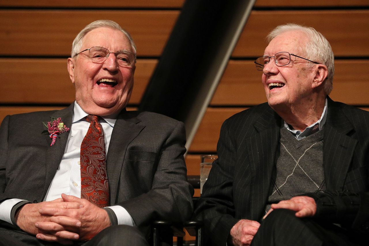 Mondale sits on stage with former President Jimmy Carter during a celebration of Mondale's 90th birthday on Saturday, January 13, 2018, in Minneapolis.