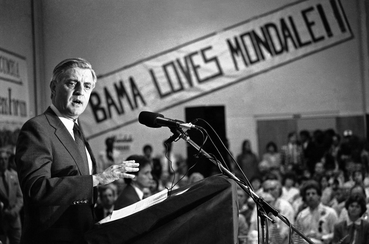 Mondale addresses a citizens' forum in Muscle Shoals, Alabama, on September 22, 1984. Mondale spoke about the embassy annex bombing in Beirut.