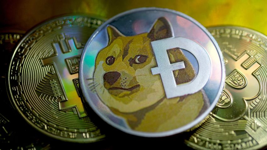 KATWIJK, NETHERLANDS - JANUARY 29: In this photo illustration, visual representations of digital cryptocurrencies, Dogecoin and Bitcoin are arranged on January 29, 2021 in Katwijk, Netherlands.  (Photo by Yuriko Nakao/Getty Images)