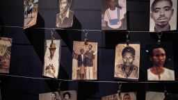 TOPSHOT - Victims pictures are displayed at the Kigali Genocide Memorial in Kigali, Rwanda, on April 7, 2021. (Photo by Simon Wohlfahrt / AFP) (Photo by SIMON WOHLFAHRT/AFP via Getty Images)
