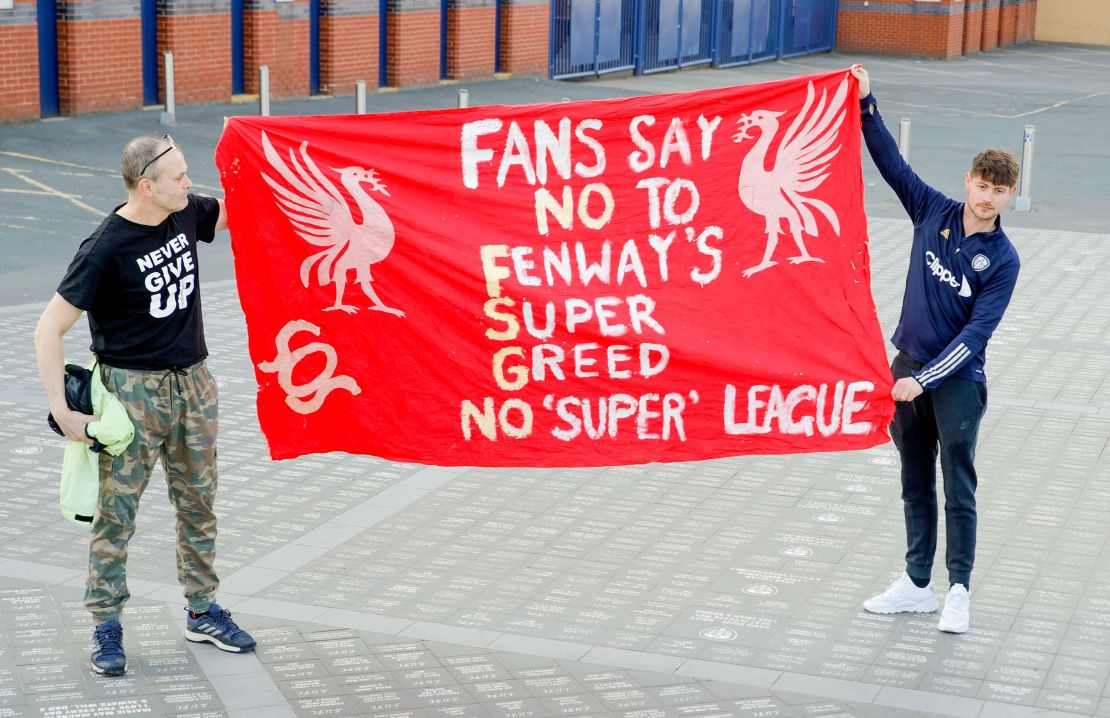 Demonstration against the European Super League during a match between Leeds United and Liverpool.