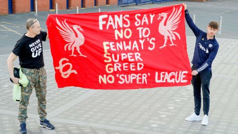 Demonstration against the European Super League during a match between Leeds United and Liverpool.