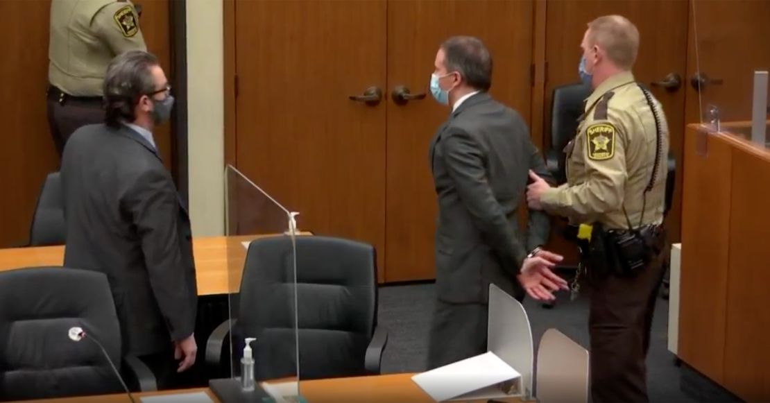 Former Minneapolis Police officer Derek Chauvin was removed from the court in handcuffs on Tuesday, April 20, 2021.