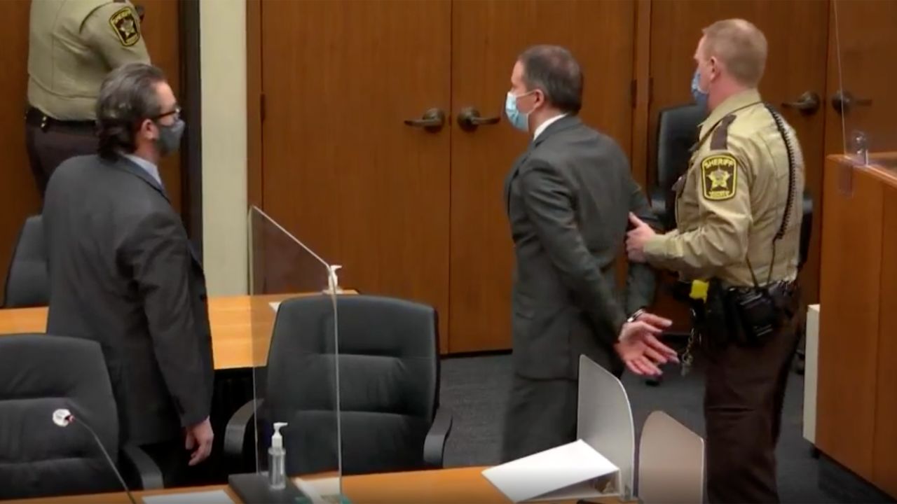 Former Minneapolis Police officer Derek Chauvin was removed from the court in handcuffs on Tuesday, April 20, 2021.