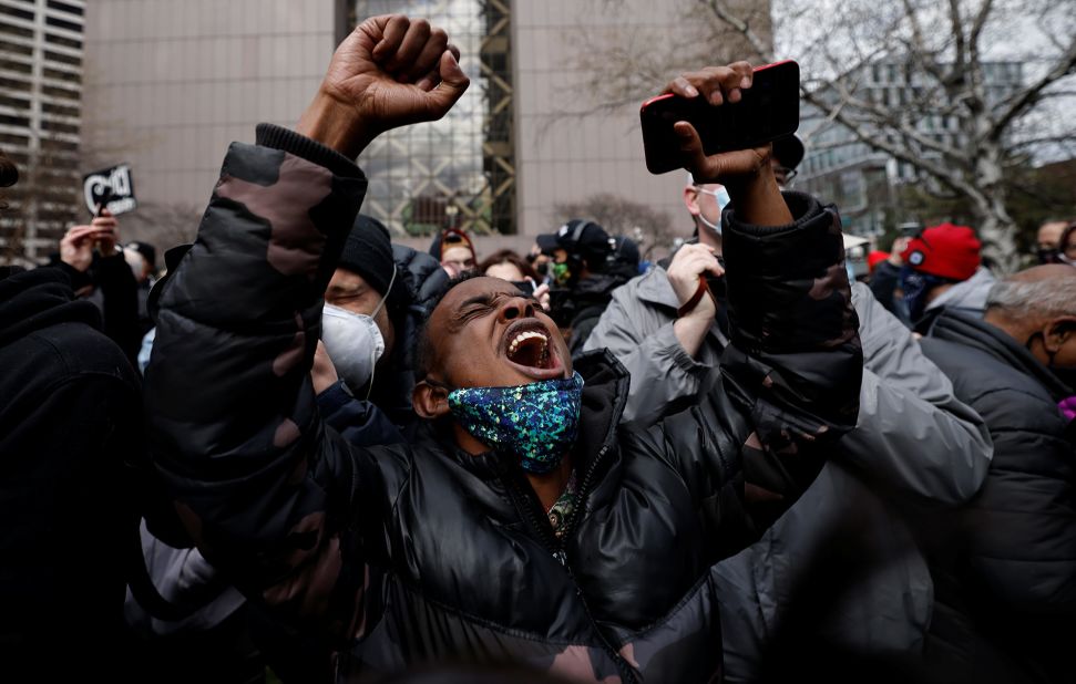 A man reacts outside the Hennepin County Government Center in Minneapolis on Tuesday, April 20, after former police officer Derek Chauvin was found guilty in the death of George Floyd.