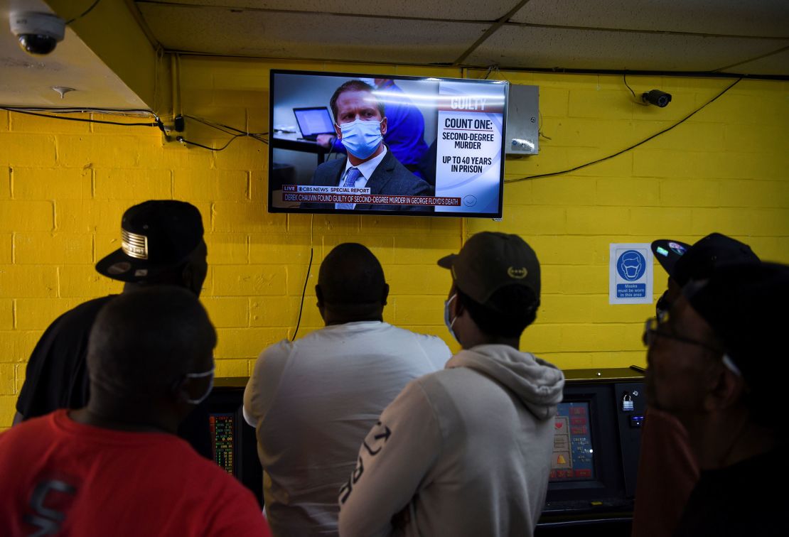 People await the verdict in the trial of former Minneapolis police officer Derek Chauvin in the death of George Floyd, in the third ward in Houston, Texas, April 20, 2021.