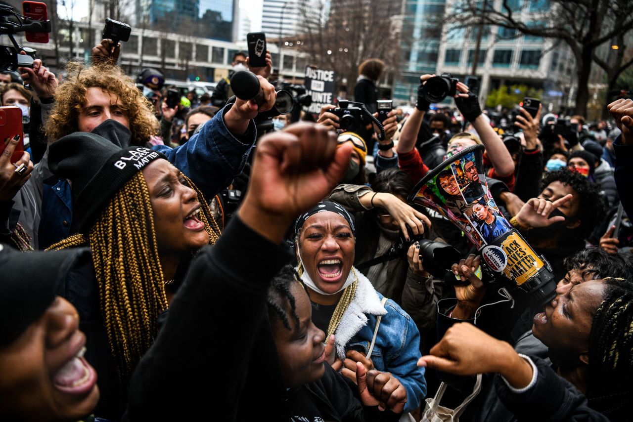 People celebrate as the verdict is announced in the trial of former police officer Derek Chauvin outside the Hennepin County Government Center in Minneapolis, Minnesota, on Tuesday, April 20.<a href="https://www.cnn.com/2021/04/20/us/gallery/derek-chauvin-trial-reaction/index.html" target="_blank"> See more reactions from the trial's outcome</a>