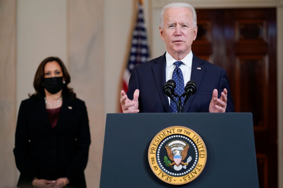 President Joe Biden, accompanied by Vice President Kamala Harris, speaks Tuesday, April 20, 2021, at the White House in Washington, after former Minneapolis police Officer Derek Chauvin was convicted of murder and manslaughter in the death of George Floyd. 