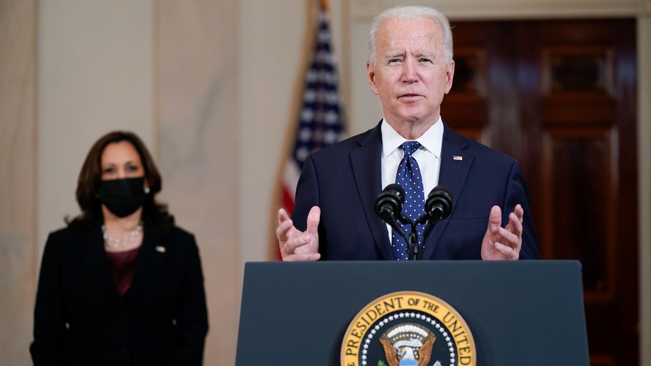 President Joe Biden, accompanied by Vice President Kamala Harris, speaks Tuesday, April 20, 2021, at the White House in Washington, after former Minneapolis police Officer Derek Chauvin was convicted of murder and manslaughter in the death of George Floyd. 