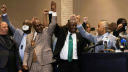 Philonise Floyd (3-L), Attorney Ben Crump (C) and Reverend Al Sharpton (R) react following the verdict in the trial of former police officer Derek Chauvin in Minneapolis, Minnesota on April 20, 2021. - Sacked police officer Derek Chauvin was convicted of murder and manslaughter on april 20 in the death of African-American George Floyd in a case that roiled the United States for almost a year, laying bare deep racial divisions. (Photo by Kerem Yucel / AFP) (Photo by KEREM YUCEL/AFP via Getty Images)