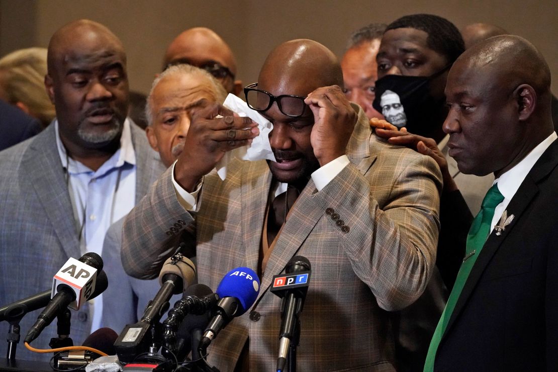 George Floyd's brother Philonise Floyd wipes his eyes during a news conference, Tuesday, April 20, 2021, in Minneapolis, after the verdict was read in the trial of former Minneapolis Police officer Derek Chauvin for the murder of George Floyd. 
