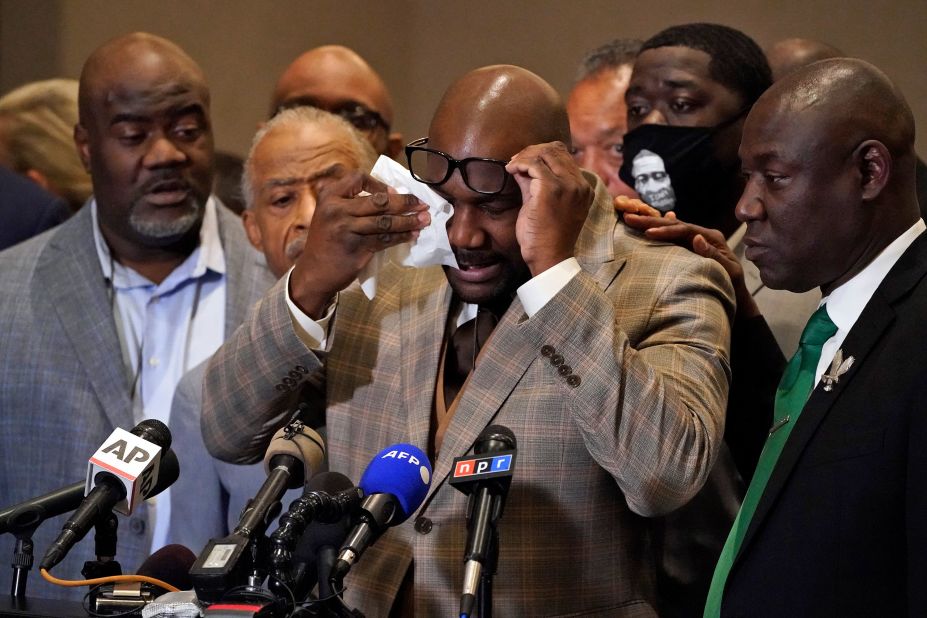 George Floyd's brother, Philonise Floyd, wipes his eyes during a post-verdict news conference in Minneapolis on April 20.