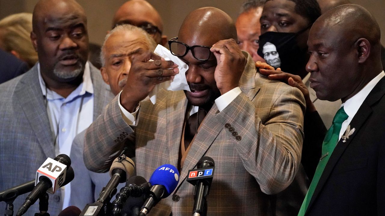 George Floyd's brother Philonise Floyd wipes his eyes during a news conference, Tuesday, April 20, 2021, in Minneapolis, after the verdict was read in the trial of former Minneapolis Police officer Derek Chauvin for the murder of George Floyd. 
