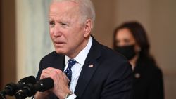 US President Joe Biden gestures as he delivers remarks on the guilty verdict against former policeman Derek Chauvin at the White House in Washington, DC, on April 20, 2021. - Derek Chauvin, a white former Minneapolis police officer, was convicted on April 20 of murdering African-American George Floyd after a racially charged trial that was seen as a pivotal test of police accountability in the United States. (Photo by Brendan SMIALOWSKI / AFP) (Photo by BRENDAN SMIALOWSKI/AFP via Getty Images)