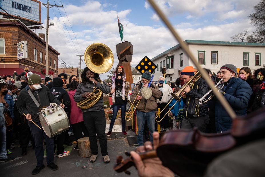 A band performs at George Floyd Square in Minneapolis. 