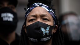 LOUISVILLE, KY - MARCH 11: Tamika Palmer listens during a press conference held in front of Commonwealth Attorney Tom Wine's office on March 11, 2021 in Louisville, Kentucky. Members of the civil rights group "Until Freedom" and family members of Breonna Taylor spoke about the upcoming one year anniversary of Taylor's death during a no-knock raid executed by police on March 13, 2020. (Photo by Jon Cherry/Getty Images)