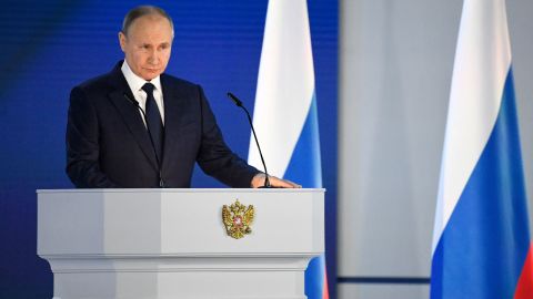 Russian President Vladimir Putin delivers his annual state of the nation address in Moscow on April 21.